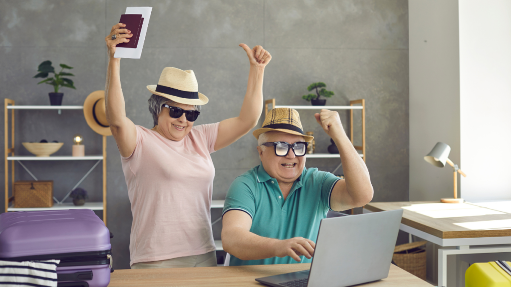 elderly couple booking travel 