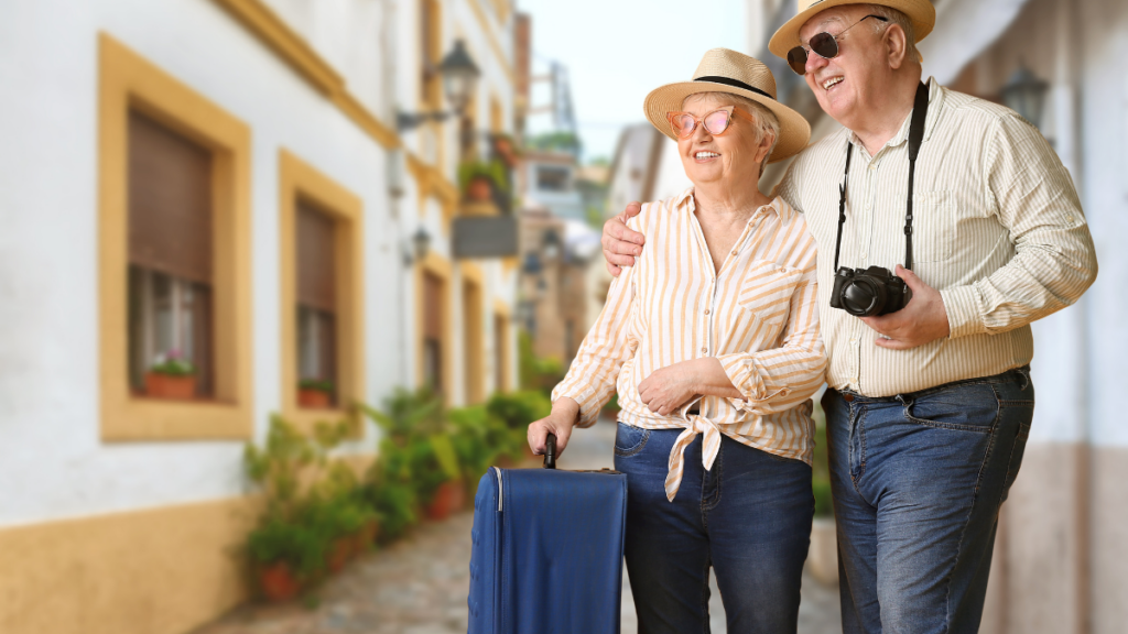 elderly couple looking at something 