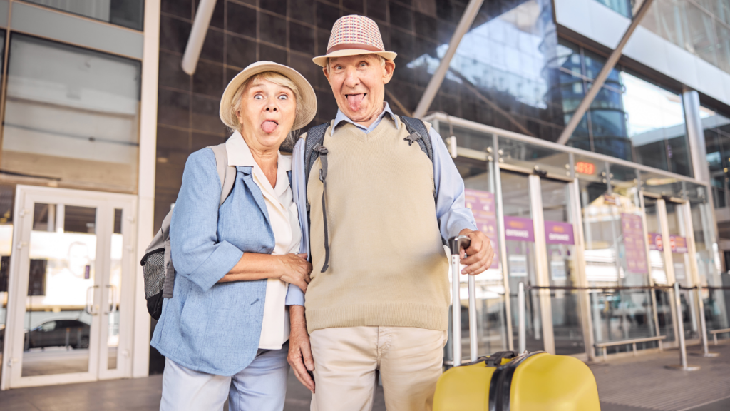 elderly couple making funny face