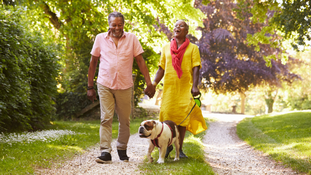 couple walking their dog