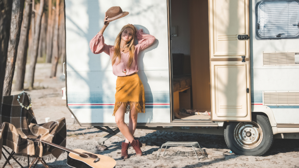 woman in front of camper