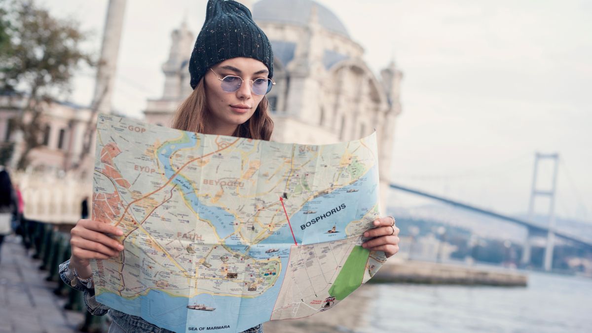 woman looking at a map