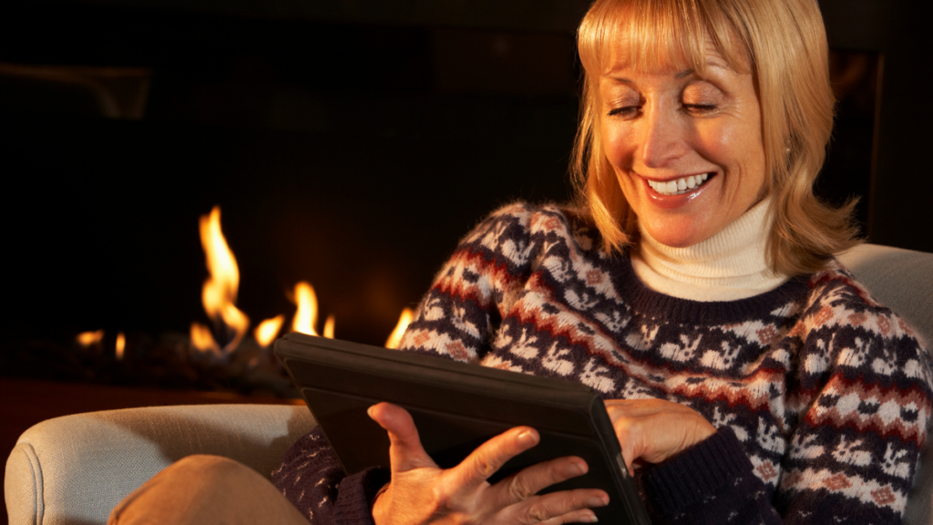 woman reading on tablet