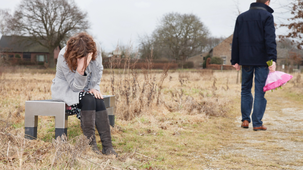 Man Walking Away Woman Flowers