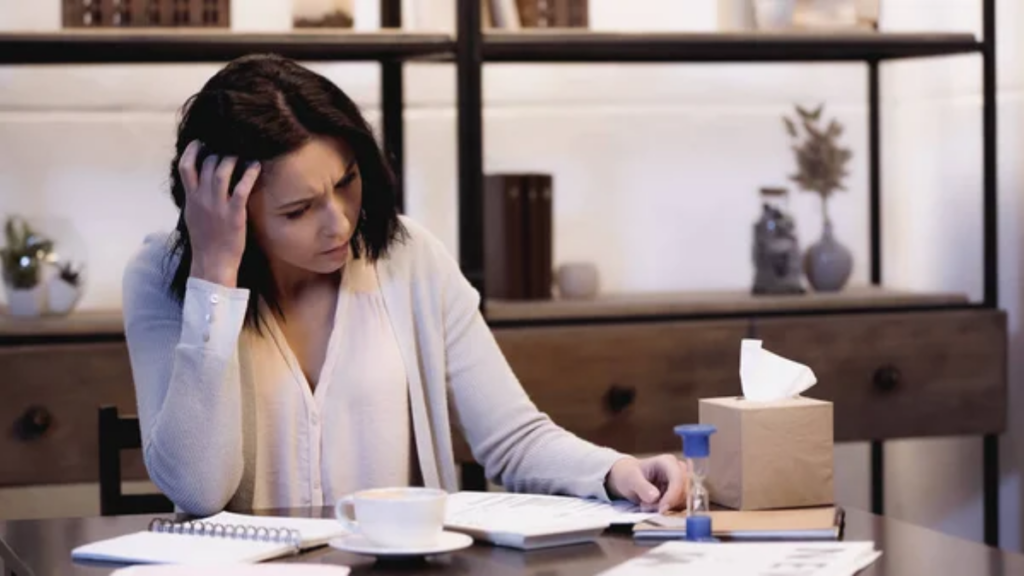 Woman Stressed Home Coffee