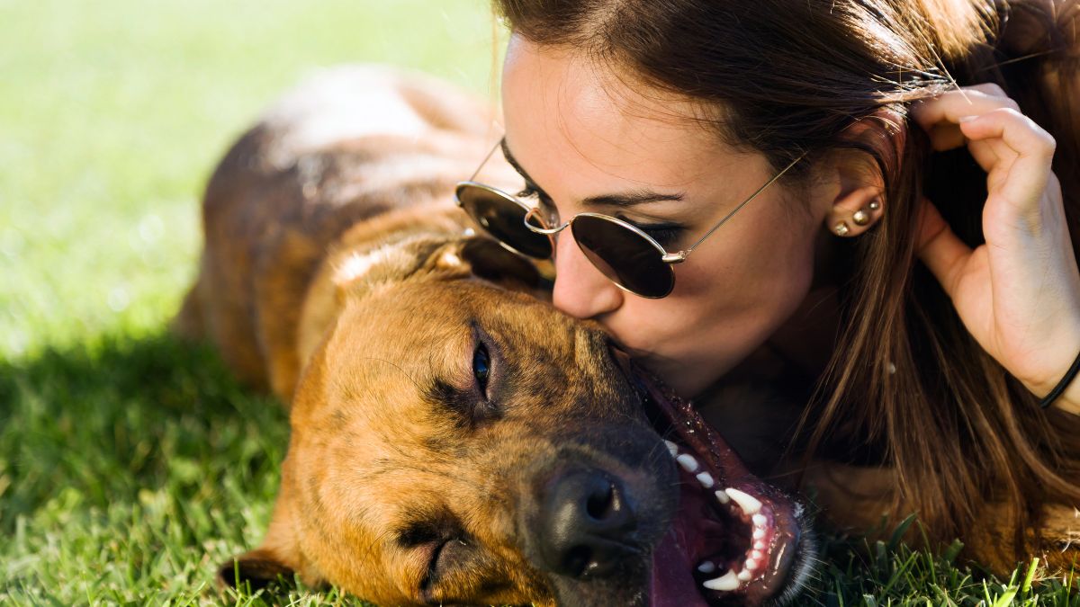 woman kissing happy dog on the grass