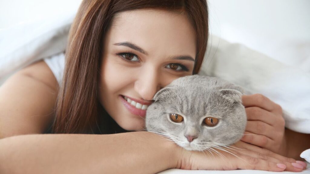 woman with a cat under the blankets