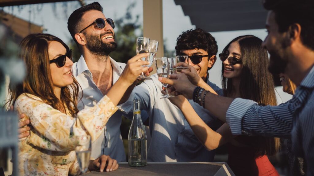 A group of people at a patio having a drink