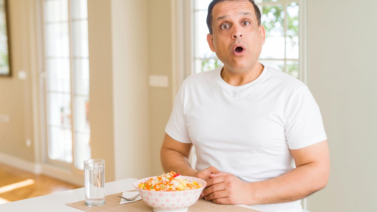 man surprised with food