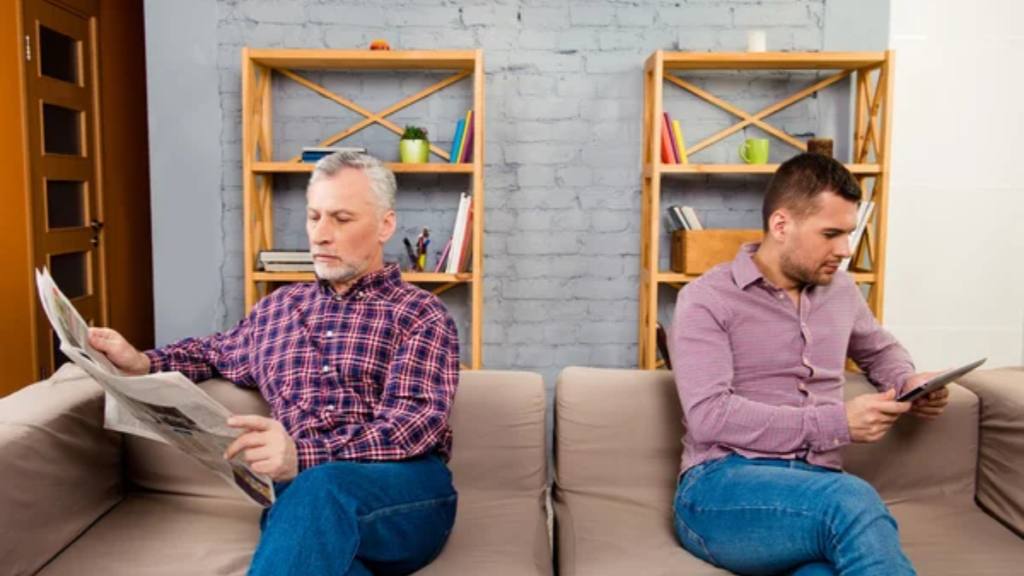 Men Sitting Old Young Newspaper Tablet