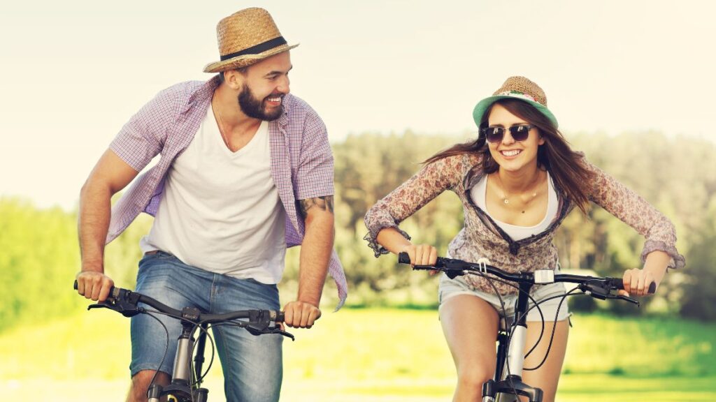 happy couple bike riding