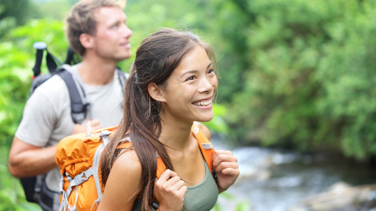 happy couple hiking together