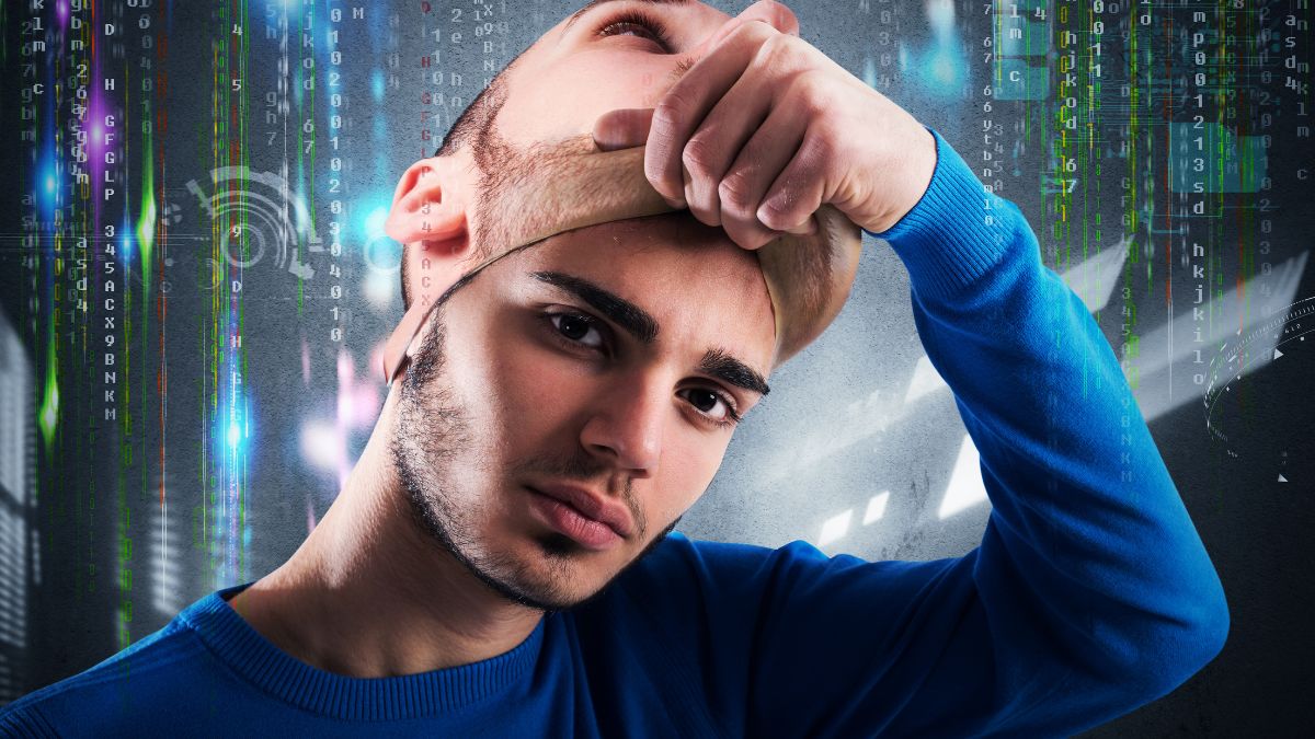 man pulling off mask with cyber background